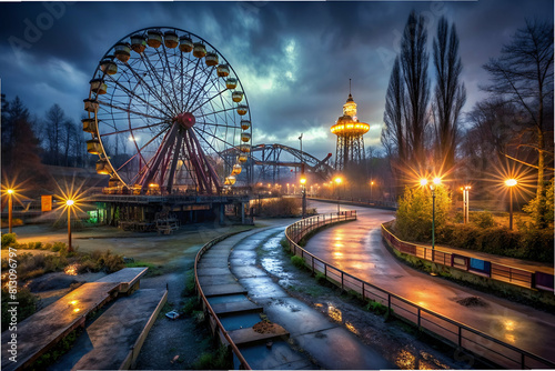 Abandoned Amusement Park with Spotlights at Night