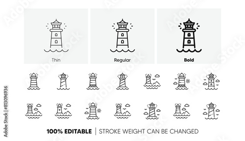 Searchlight tower with seagull for marine navigation of ships. Lighthouse line icons. Sea pharos, lighthouse or beacon icons. Linear set. Line icons set. Vector