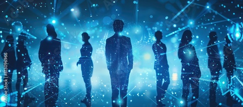 business people silhouettes standing together, blue light, future technology 