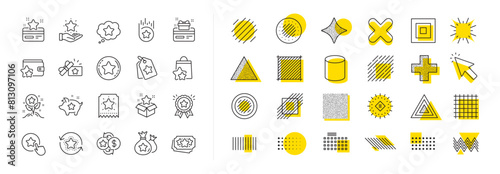 Bonus card, Redeem gift and discount coupon signs. Design shape elements. Loyalty program line icons. Lottery ticket, Earn reward and winner gift icons. Vector