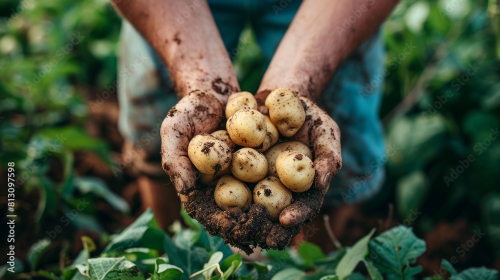 Hands holding fresh potatoes over lush farm backdrop Hands holding fresh potatoes over lush farm backdrop