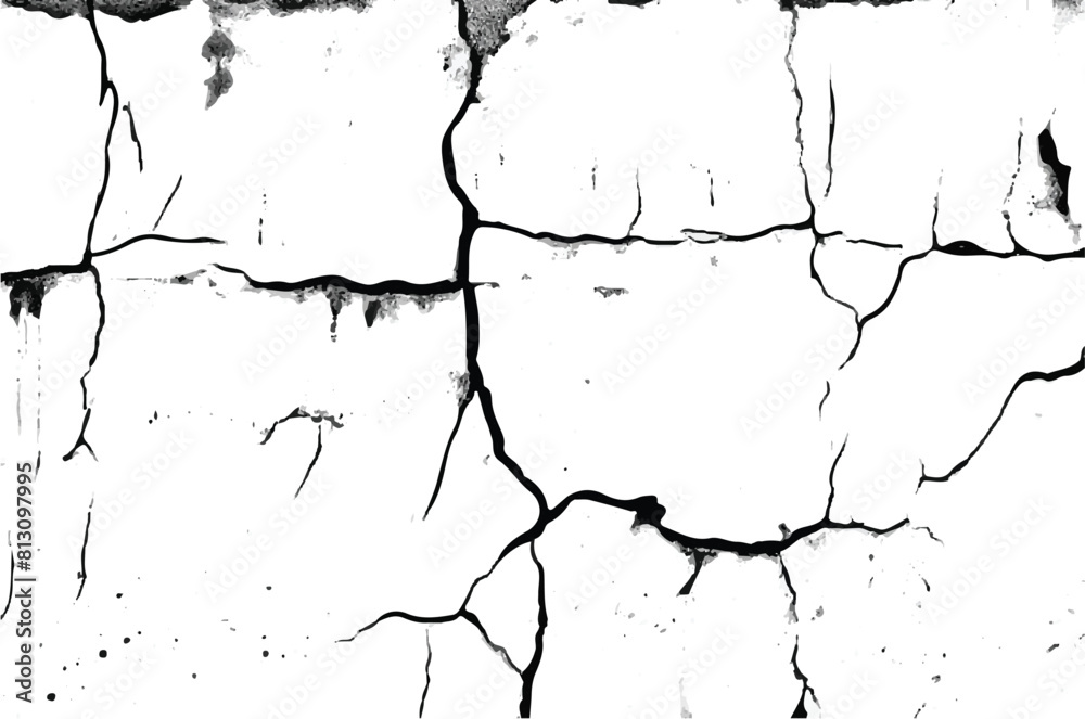 Vector grunge cracked texture background. Cracks in a wall . Wall texture background. Grunge wall background with cracks. Monochrome grunge texture background.