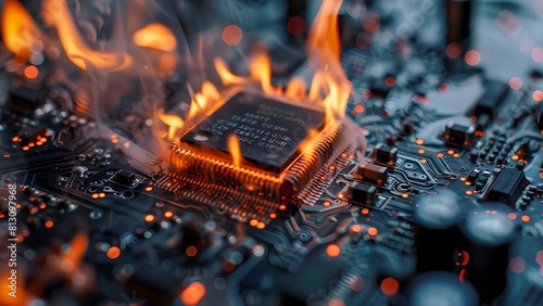 Closeup of a burning microprocessor chip showing electronic failure or hardware malfunction. Concept Hardware Failure, Burning Microprocessor Chip, Closeup Photography, Technology Malfunction photo