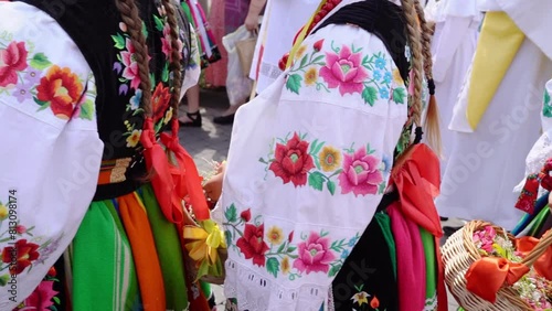 Łowicz Corpus Christi celebration. Young girls in traditional Masovian costumes throwing flower petals during religious procession. Slow motion video. Polish folklore photo