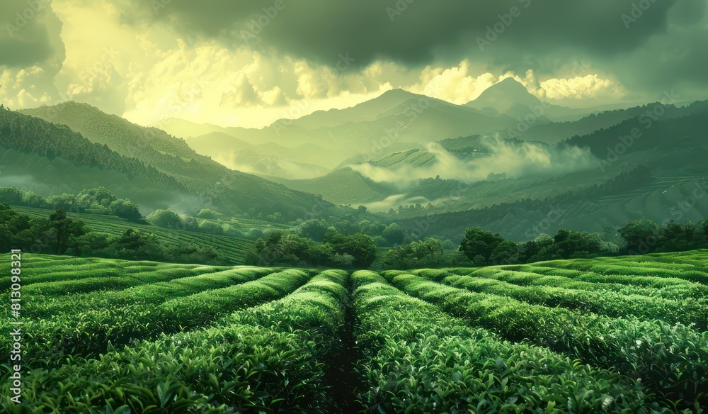 tea fields with mountains in the background tea fields with mountains in the background