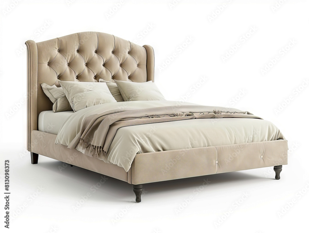 A bed with a tufted headboard and footboard. A bed with a tufted headboard and footboard.