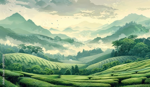 tea fields with mountains in the background