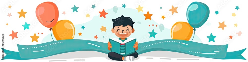 Fototapeta premium A boy is reading a book under a banner