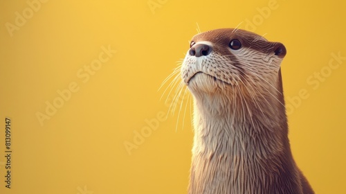 A cute otter with a pink nose stands on a yellow background with copy space photo