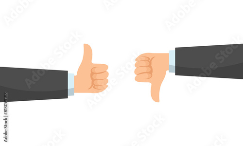 Thumb up and thumb down vector illustration hands on white background. Human hand showing loose and win hand sign. Best of luck hand icon.