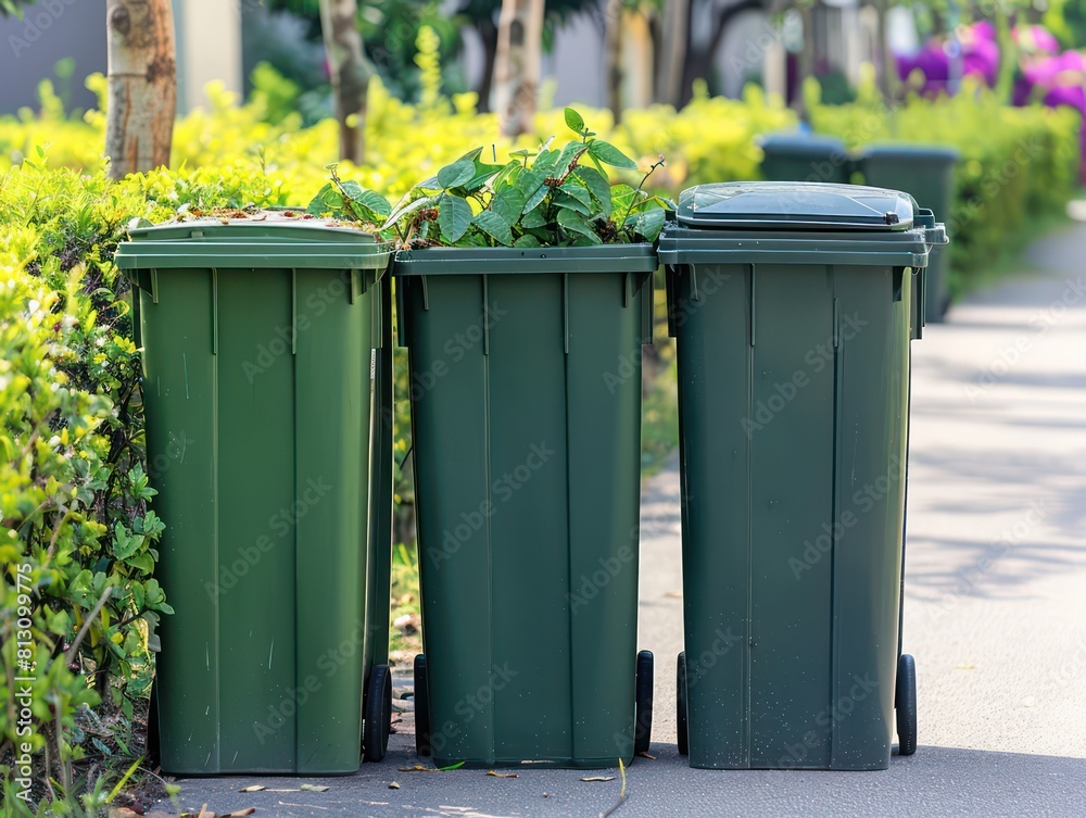green trash cans standing next to each other on the street green trash cans standing next to each other on the street