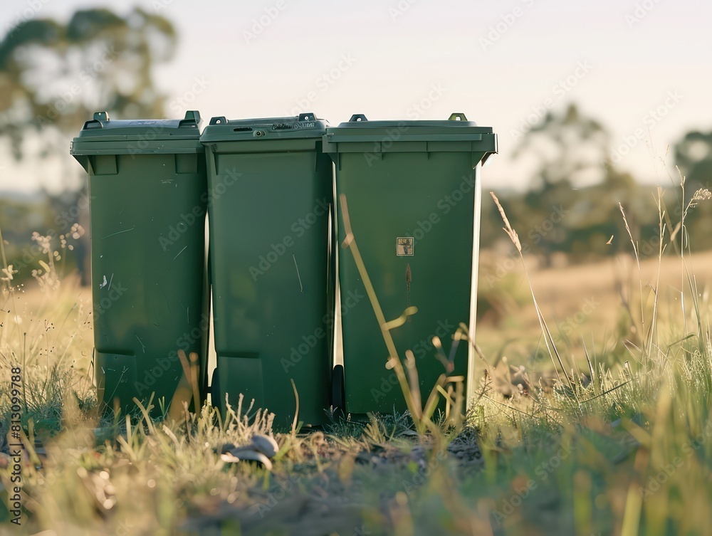 green trash cans standing next to each other on the street green trash cans standing next to each other on the street
