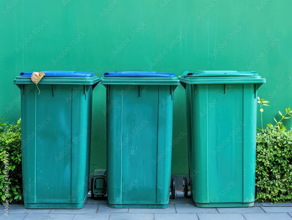 green trash cans standing next to each other on the street green trash cans standing next to each other on the street