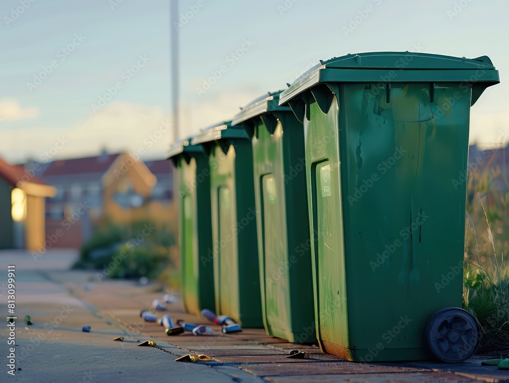 green trash cans standing next to each other on the street green trash cans standing next to each other on the street