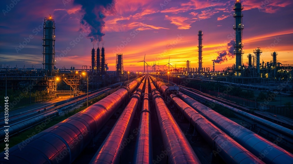 Natural gas pipelines with Oil refinery in the background Atmosphere at sunset Electric wind turbines