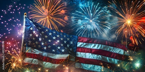 Celebrating Independence Day with Fireworks and the American Flag symbolizing Freedom and Patriotism. Concept Independence Day Celebration, Fireworks Display, American Flag, Freedom, Patriotism photo