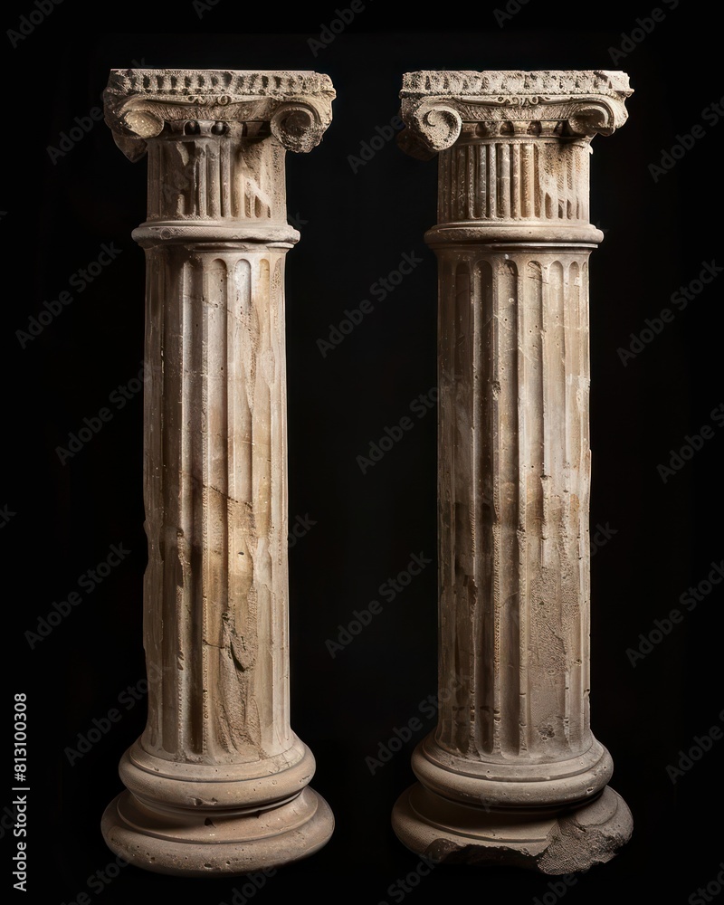 two temple ancient columns on black background two temple ancient columns on black background