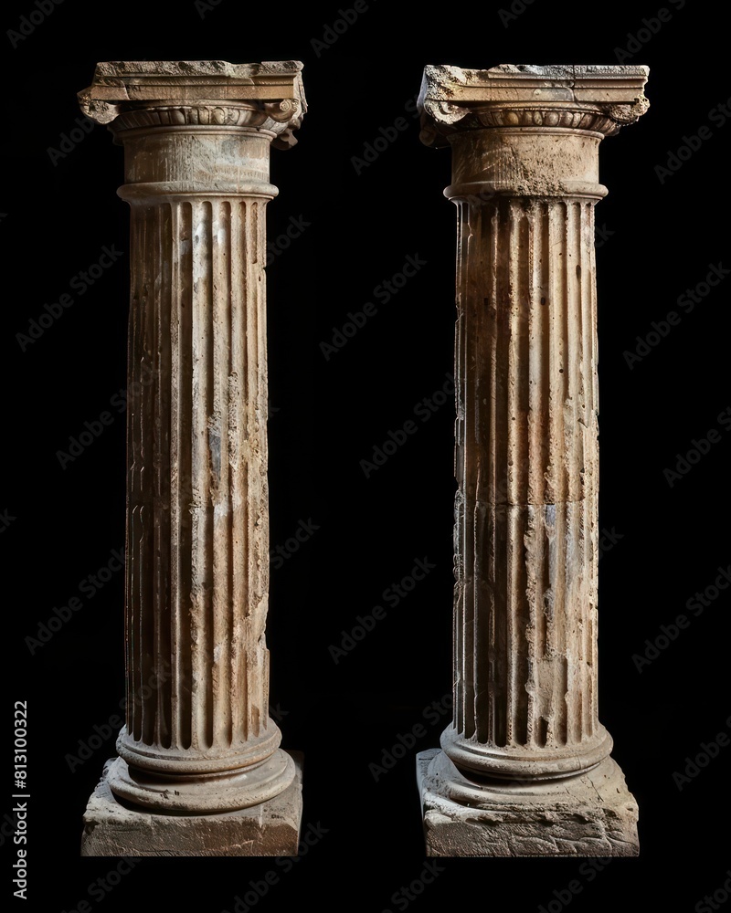 two temple ancient columns on black background two temple ancient columns on black background