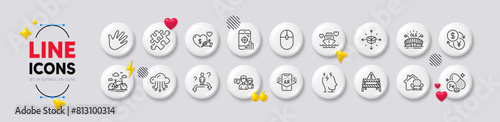 Social care, Parcel delivery and Cloud storage line icons. White buttons 3d icons. Pack of Computer mouse, Bike rental, Iron icon. Vector