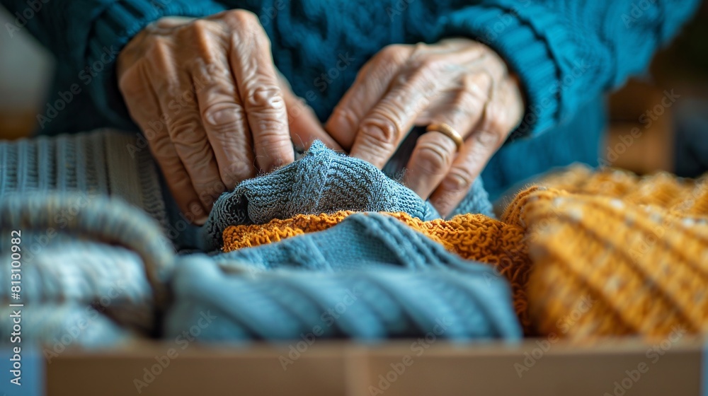 Hands placing folded clothes into a donation box Hands placing folded clothes into a donation box