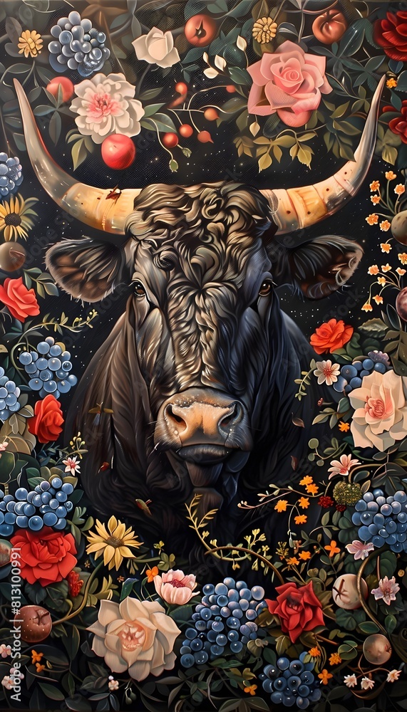 Majestic Bull Portrait Surrounded by Vibrant Floral Motifs Majestic Bull Portrait Surrounded by Vibrant Floral Motifs
