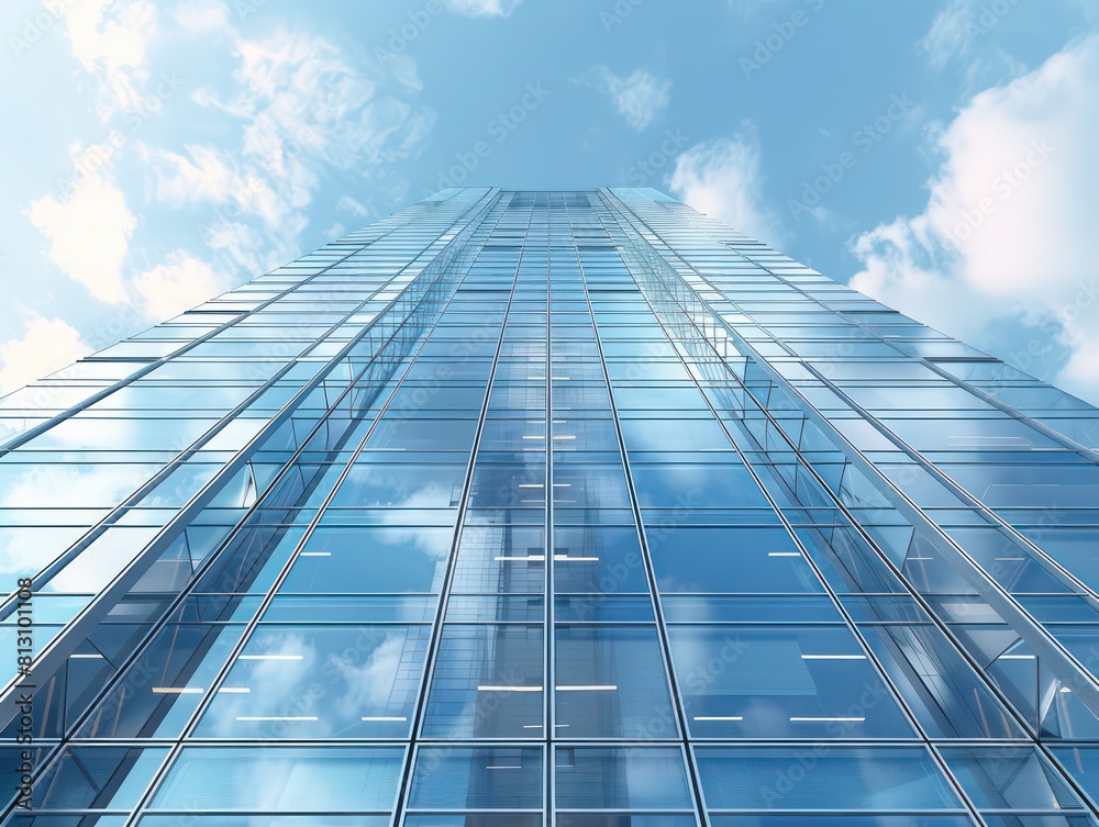 glass skyscraper against the clear blue sky, symbolizing innovation and modernity in business