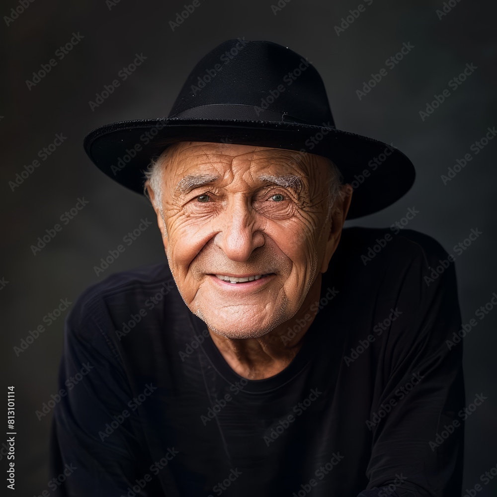 A confident senior man in a black hat smiling directly at the camera, capturing a moment of joyful elegance A confident senior man in a black hat smiling directly at the camera, capturing a moment of joyful elegance