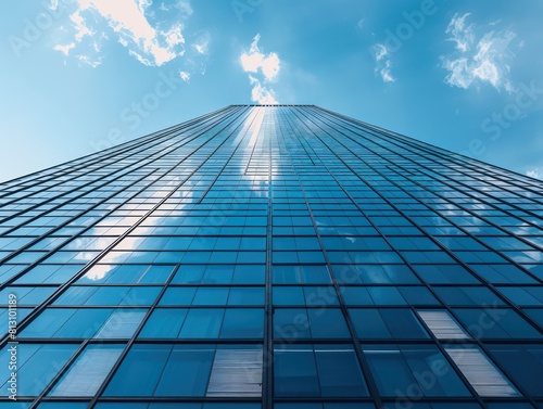 glass skyscraper against the clear blue sky, symbolizing innovation and modernity in business