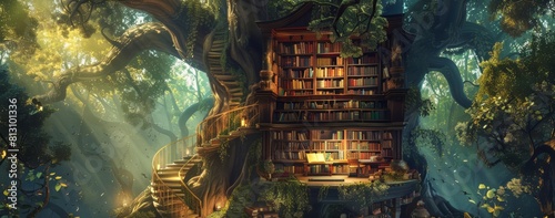 A serene illustration of an ancient philosophers study, reimagined in a treehouse library surrounded by lush, mystical woods, ideal for a banner promoting educational enlightenment