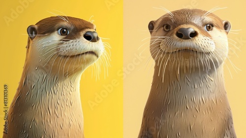 Two otters are standing side by side