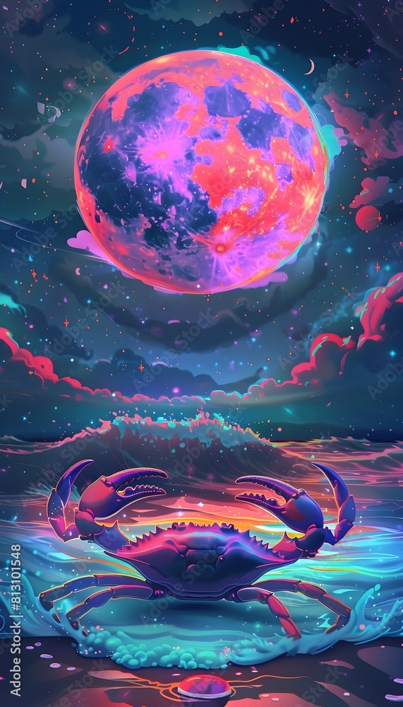 Mystical Cosmic Crab Floating in a Glowing Bioluminescent Seascape Under a Vibrant Celestial Moon