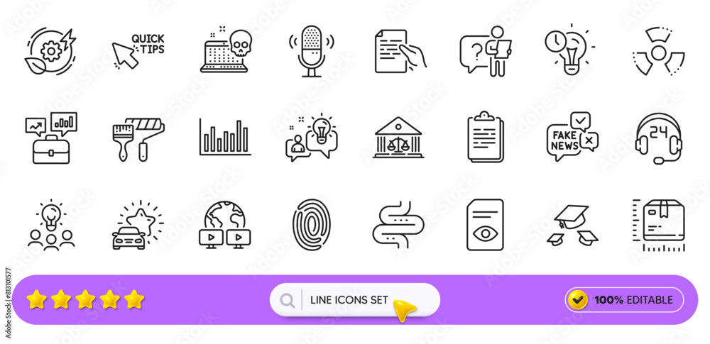 Search employee, Bar diagram and Idea line icons for web app. Pack of Quick tips, Court building, Chemical hazard pictogram icons. Consulting, Video conference, Hold document signs. Search bar. Vector