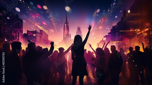 Silhouettes of people dancing and laughing against a backdrop of colorful lights at a New Year's Eve street party. 8k