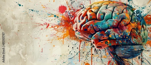 Adrenal health awareness highlighted by a brain with intertwined circuits and splashes of paint photo