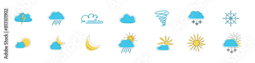 Weather one single line symbols set. Continuous editable stroke hand drawn line. Vector stock illustration isolated on white background for design template travel blog, meteorology forecast day.