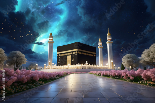 Mosque and night aurora photo