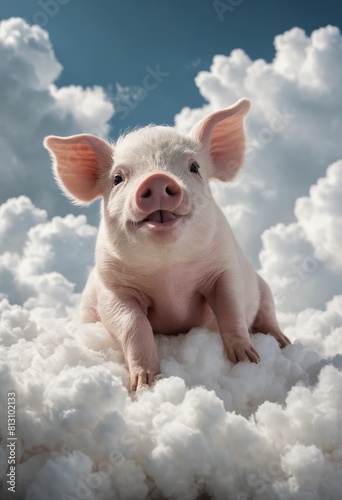 A suid in the sky, sitting on clouds with a happy smile photo