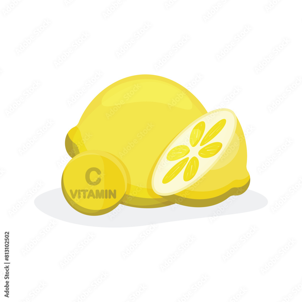 Fototapeta premium An illustration of a yellow lemon and lemon slices with a vitamin C icon on a white background.