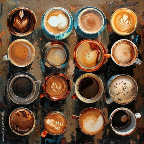 Coffee aficionados rejoice over an assortment of coffee cups displayed top view, each telling a unique story of aroma and taste