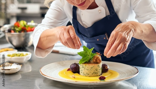 Gourmet Professional chef prepares a tasty and visually stunning dish on a plate, showcasing.