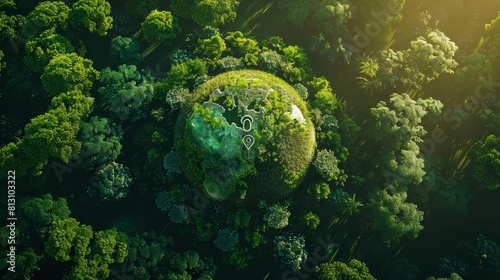 Green energy concept illustrated by a vibrant globe nestled in a forest, with a CO2 icon, promoting sustainable and clean energy resources