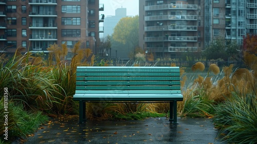 High-resolution picture of a mint green park bench swallowed by tall grasses and morning dew in a city park