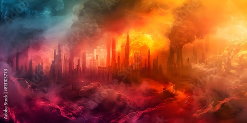 The title remains the same: "Digital Artwork of Postapocalyptic City Engulfed in Smoke and Flames". Concept Postapocalyptic Artwork, Smoke and Flames, Digital Cityscape