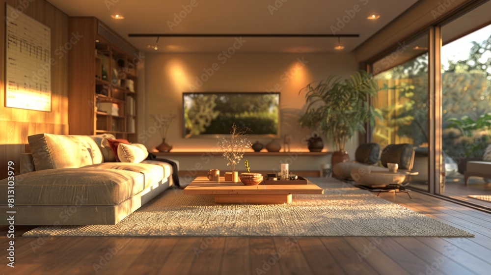 Inviting living room with cozy decor and warm lighting Inviting living room with cozy decor and warm lighting