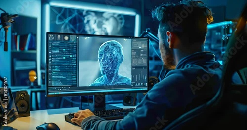 Video editing. Art meets tech on a digital workstation as an animator enhances a 3D model, highlighting software layers in video editing process photo