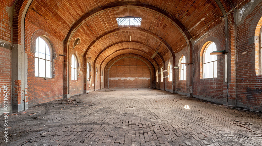 Empty brick shed with high arched ceilings and echoing acoustics, floor swept clean of debris. Empty brick shed with high arched ceilings and echoing acoustics, floor swept clean of debris.