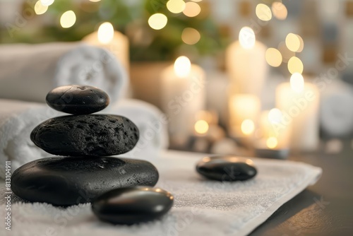 Tranquil spa scene with candles  towels  and black hot stones  setting a mood of relaxation