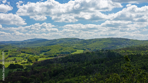 view from dragon stone mountain viewpoint near Eisenach over the western Thuringian Forest arround the village Mosbach
