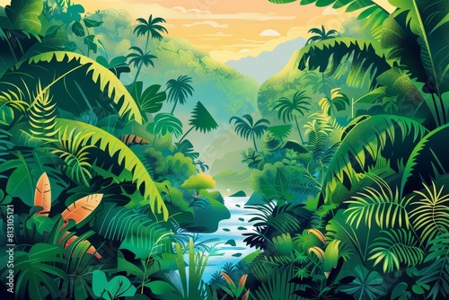 Vibrant environmental graphic design featuring lush landscapes promotes conservation and ecoawareness