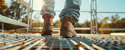 A view from behind of a worker's legs in work boots walking on iron grates at a construction site.